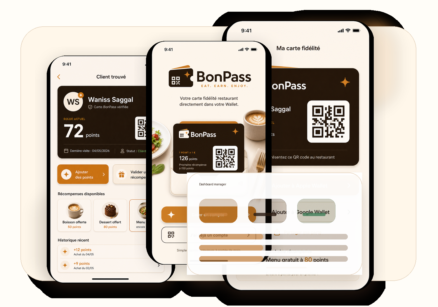 Un dashboard restaurant pour piloter fidélité, avis et campagnes.